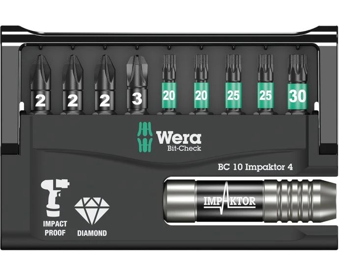 Wera 05057417001 Bit-Check 10 Impaktor 4 TriTorsion Long Life Screwdriver Bit Set 10 Piece