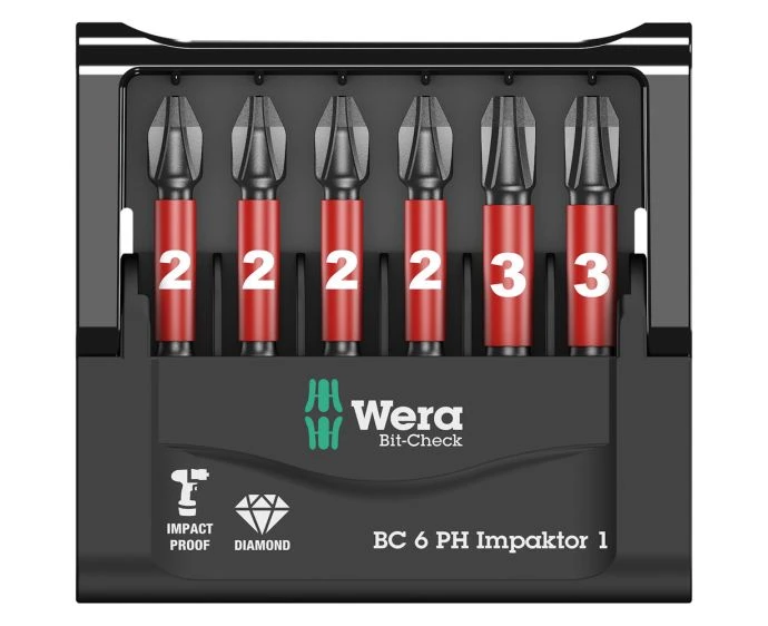 Wera 05057691001 50mm Long Bit-Check Diamond-coated Phillips Impaktor Bit Set 6 Piece