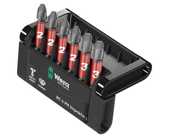 Wera 05057691001 50mm Long Bit-Check Diamond-coated Phillips Impaktor Bit Set 6 Piece