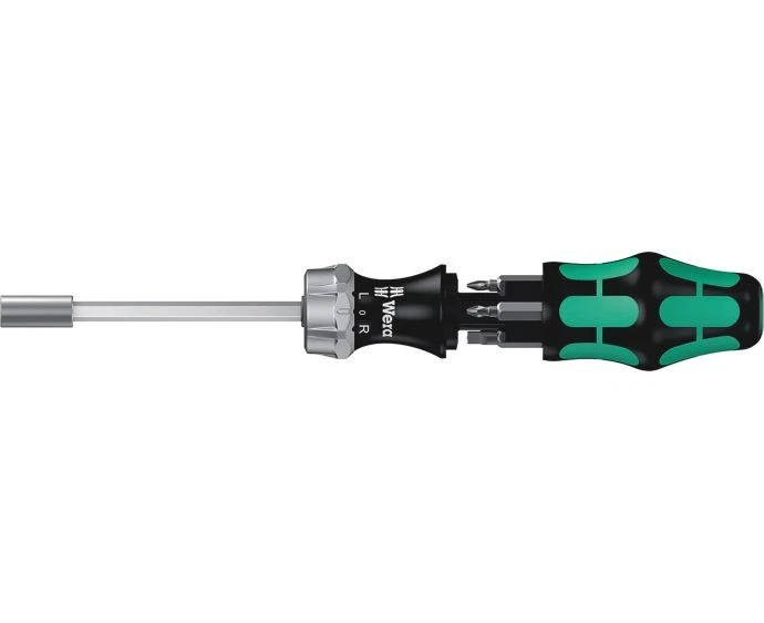 Wera Kraftform Kompakt 27 RA 1 Ratchet Screwdriver with Bit Magazine & 6 Bits 1/4" Hex Compact Set | 05073660001