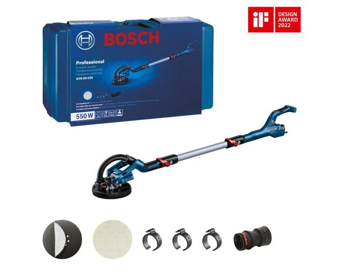 Bosch GTR 55-225 230V Drywall Sander Kit with 600mm Extension Pole, M480 Sanding Net, Pad Set & Carry Case | 06017D4070