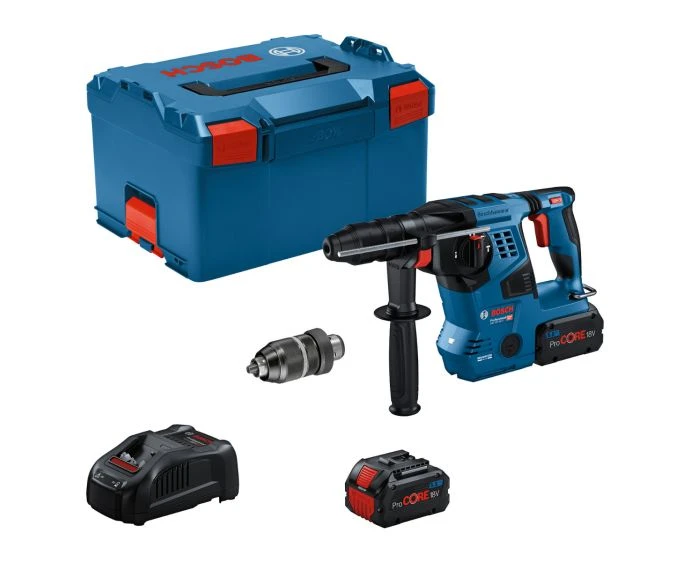 Bosch GBH 18V-28 CF Professional Cordless Brushless SDS Plus Rotary Hammer Drill with 2 x 5.5Ah Batteries, Charger & L-Boxx | 0611921075