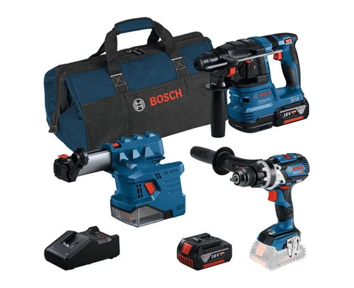 Bosch 0615A5008A 18V 3 Piece Power Tool Kit GBH 18V-22 Rotary Hammer, Combi Drill & Dust Extractor With 2 x 4.0Ah Batteries, Charger & Bag