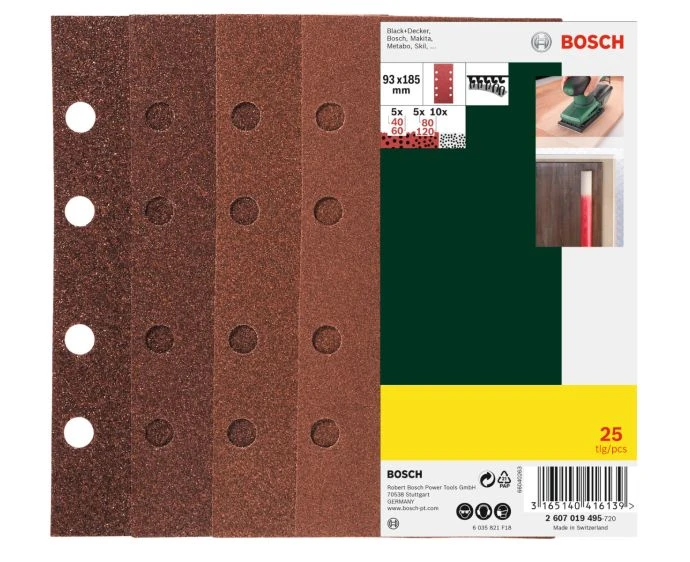 Bosch 2607019495 25 Pieces Mixed Grit Orbital Sanding Sheets 93mm x 185mm