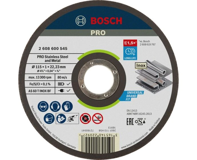 Bosch PRO Stainless Steel and Metal Bonded Cutting Disc, 115 x 1 x 22.23 mm, Straight | 2608600545