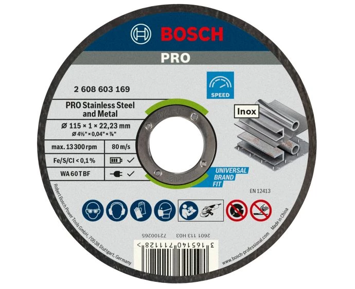 Bosch PRO Stainless Steel and Metal Bonded Cutting Disc, 115 x 1 x 22.23 mm, Straight, 10 pcs | 2608603254