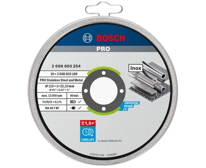 Bosch PRO Stainless Steel and Metal Bonded Cutting Disc, 115 x 1 x 22.23 mm, Straight, 10 pcs | 2608603254