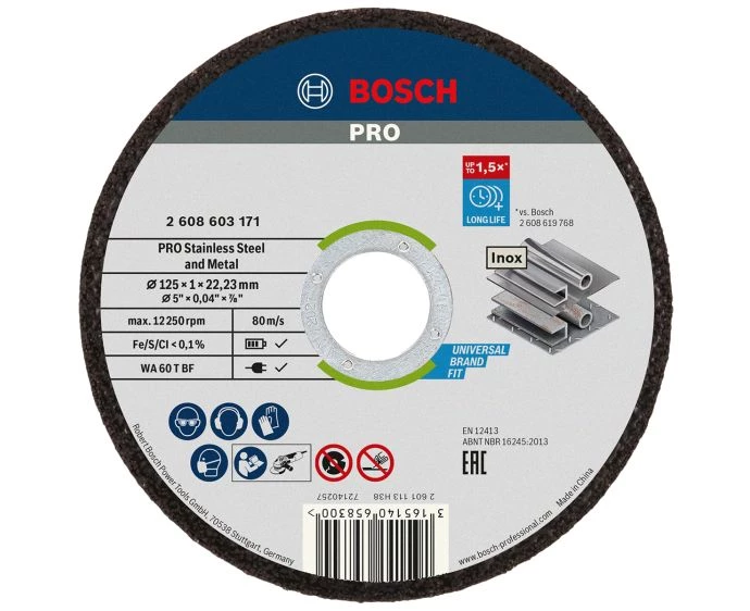 Bosch PRO Stainless Steel and Metal Bonded Cutting Disc, 125 x 1 x 22.23 mm, Straight, 10 pcs | 2608603255