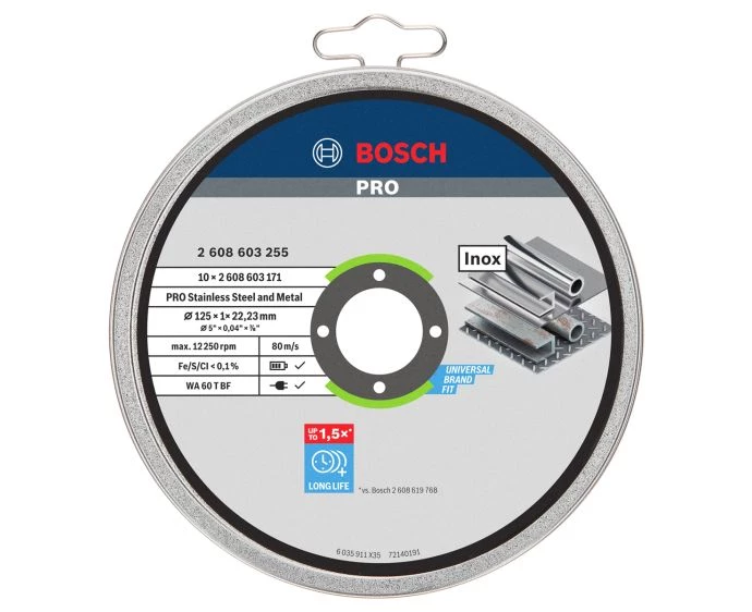 Bosch PRO Stainless Steel and Metal Bonded Cutting Disc, 125 x 1 x 22.23 mm, Straight, 10 pcs | 2608603255
