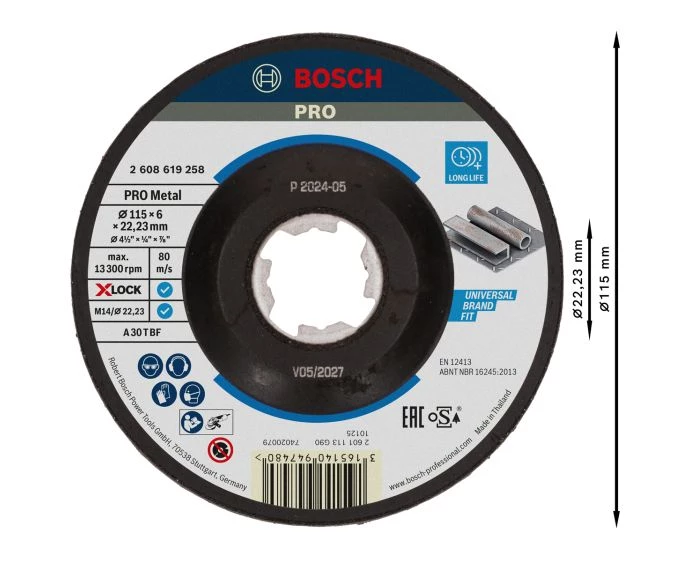 Bosch PRO Metal Bonded Grinding Disc, 115 x 6 x 22.23 mm, X-Lock | 2608619258