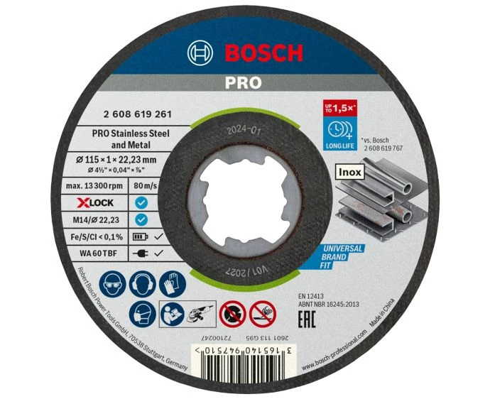Bosch PRO Stainless Steel and Metal Bonded Cutting Disc, 115 x 1 x 22.23 mm, X-Lock, Straight | 2608619261