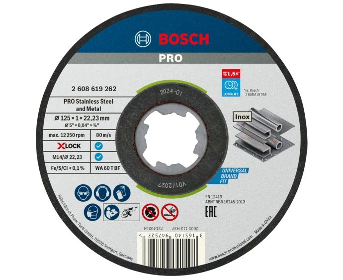 Bosch PRO Stainless Steel and Metal Bonded Cutting Disc, 125 x 1 x 22.23 mm, X-Lock, Straight | 2608619262