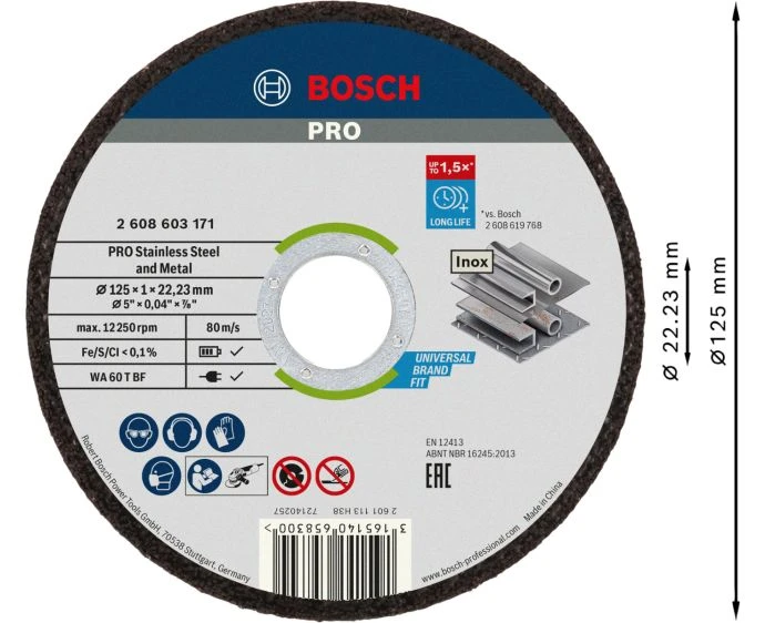 Bosch PRO Stainless Steel and Metal Bonded Cutting Disc, 125 x 1 x 22.23 mm, Straight, 100 pcs | 2608626113
