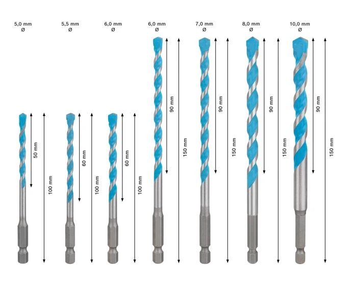 Bosch EXPERT HEX-9 Multi Construction Drill Bit Set, 5 x 50 x 100; 5.5 x 60 x 100; 5 x 60 x 100; 6 x 90 x 150; 7 x 90 x 150; 8 x 90 x 150; 10 x 90 x 150 mm, 7 pcs | 2608902371