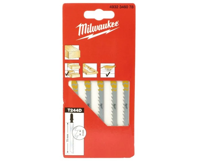 Milwaukee 4932346078 Curve Cutting Jigsaw Blades 75 x 4mm T 244 D Pack of 5