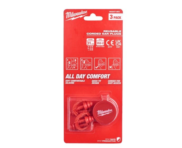 Milwaukee 4932471904 Reusable Ear Plugs Corded 3 Pieces
