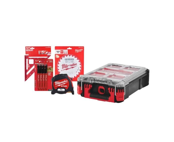 Milwaukee 4932493287 Wood Working Set Packout Organiser, Square, Marker, Tape Measure 5m & Circular Saw Blade