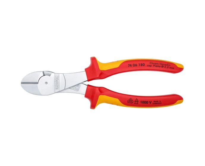 KNIPEX High Leverage Diagonal Cutter insulated with multi-component grips, VDE-tested chrome-plated 180 mm | 74 06 180