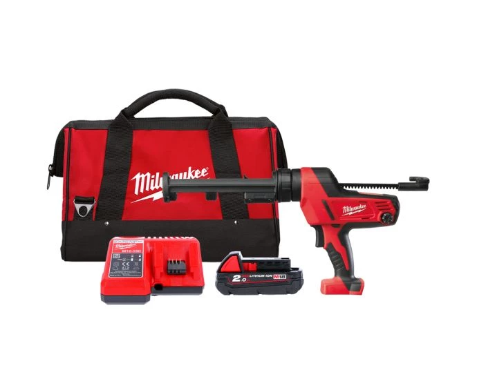 Milwaukee C18PCG/310C-201B 18V Cordless 310ml Canister Caulk Gun With 1 x 2.0Ah Battery, Charger & Tool Bag