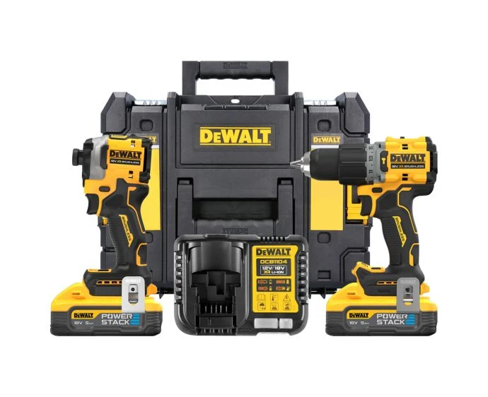 DeWalt DCK2050H2T 18V Cordless Brushless Combi Drill & Impact Driver Twin Pack With 2 x 5.0Ah Powerstack Batteries, Charger & Case