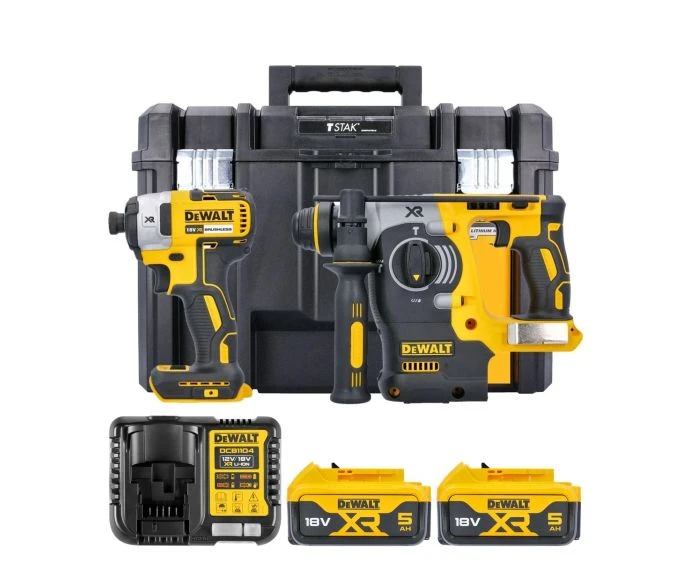 DeWalt DCK2532P2 18V XR Cordless Brushless Impact Driver & SDS+ Hammer Drill Twin Pack With 2 x 5.0Ah Batteries, Charger & TSTAK VI Case