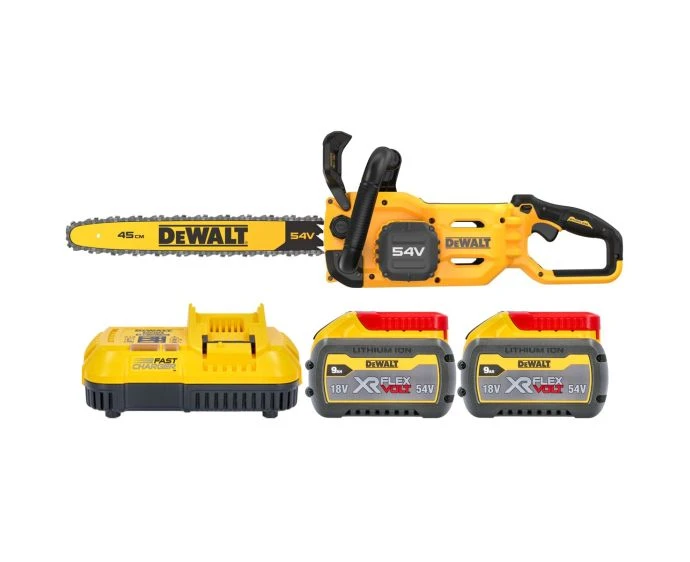 DeWalt DCMCS574 54V XR Cordless Brushless FLEXVOLT 45cm Chainsaw With 2x 9Ah Batteries & Charger