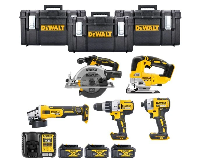 DeWalt 18V XR Cordless Brushless 5 Piece Power Tool Kit With 3 x 4Ah Batteries, Charger & 3 x 1.0 DS300 Case