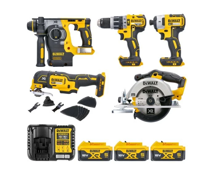 DeWalt 18V XR Cordless Brushless 5 Piece Power Tool Kit With 3 x 5Ah Batteries & Charger