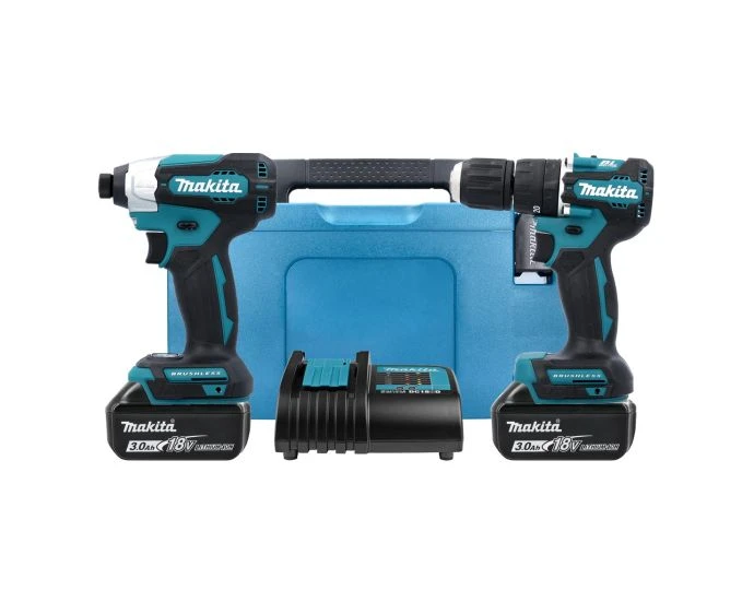 Makita DLX2414SJ 18V Cordless Brushless Combi Drill & 1/4" Impact Drill Twin Pack With 2 x 3Ah Batteries, Charger & Case