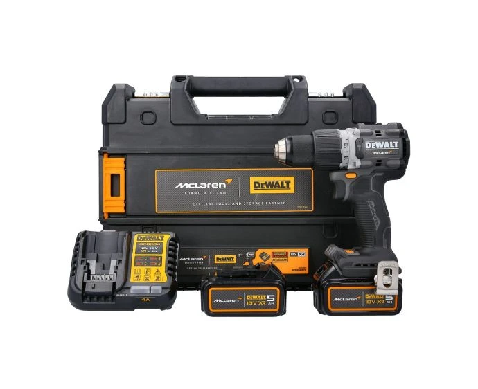 DeWalt DCD85MP2T McLaren F1 18V XR Cordless Brushless Combi Hammer Drill With 2 x 5AH Batteries, Charger & Case