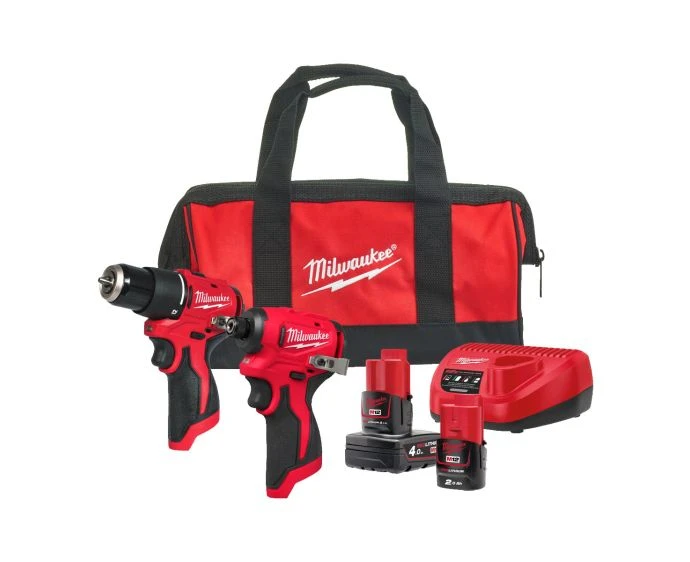 Milwaukee M12BLPP2B-422B 12V Cordless Brushless Percussion Drill & Impact Driver Twin Pack With 1 x 2.0Ah Battery, 1 x 4.0Ah Battery, Charger & Bag