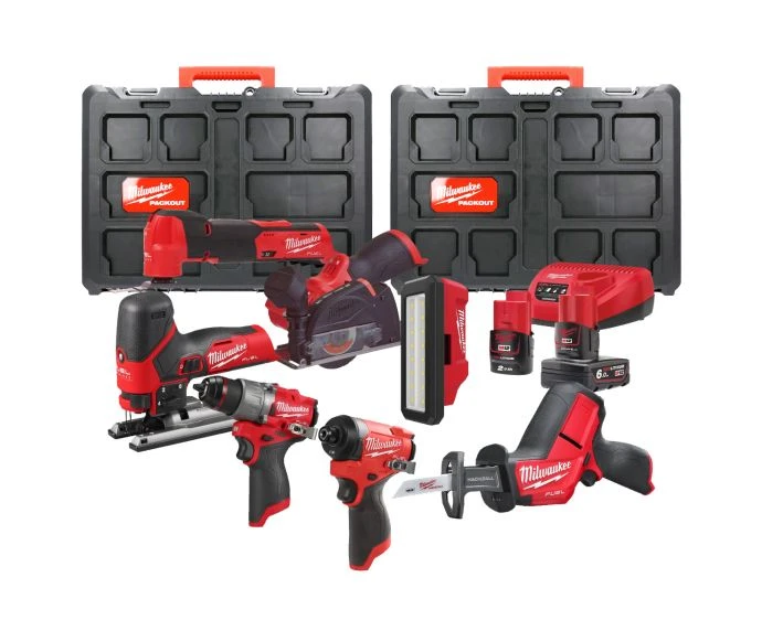 Milwaukee M12FPP7B2-622P 12V Cordless FUEL 7 Piece Power Tool Kit With 2 x Batteries, Charger & PACKOUT Tool Box