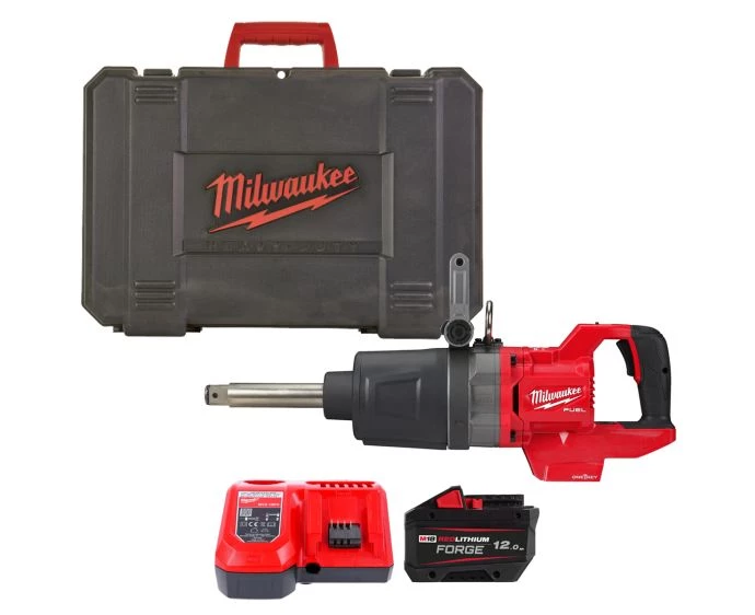 Milwaukee M18ONEFHIWF1D-121C 18V M18 FUEL One Key 1″ High Torque D-Handle Impact Wrench With Friction Ring And Extended Anvil With 1 x 12.0Ah Forge Battery, Charger & Case