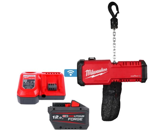 Milwaukee M18BLCHTO-121 M18 18V Cordless Brushless 1 Ton ONE-KEY Chain Hoist With 1 x 12.0Ah Forge Battery & Charger