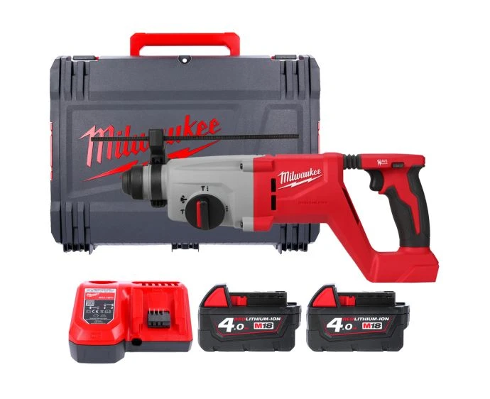 Milwaukee M18BLHACD26-402X M18 18V Cordless Brushless 26mm SDS Plus D- Handle Hammer Drill With 2 x 4.0Ah Batteries, Charger & Case
