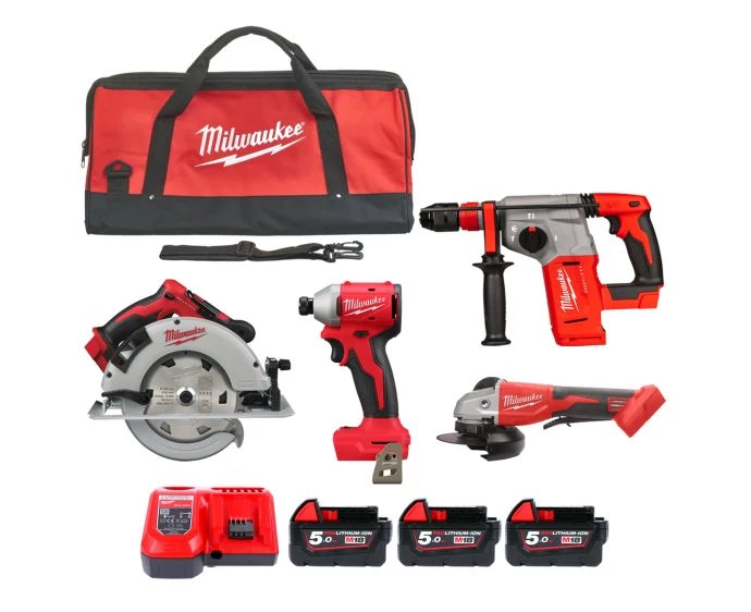 Milwaukee M18BLPP4A2-503B 18V Cordless Brushless 4 Piece Tool Kit With 3 x 5.0Ah Batteries, Charger & Bag