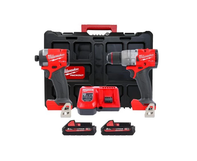 Milwaukee M18FPP2A3-302P 18V Cordless FUEL Combi Drill & Impact Driver Twin Kit With 2 x 3.0Ah High Output Power Batteries, Charger & Case