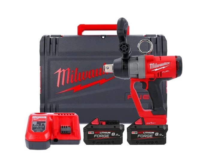 Milwaukee M18ONEFHIWF1-802X 18V One-Key Fuel High Torque 1" Impact Wrench With 2 x Forge 8.0Ah Batteries, Charger & Case