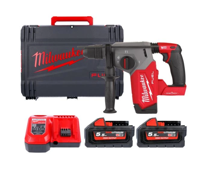Milwaukee M18ONEFHX-552X 18V M18 Fuel 4-mode 26 mm SDS-Plus Hammer Fixtec Chuck One-Key With 2 x 5.5Ah High Output Batteries, Charger & Case