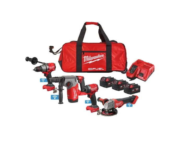 Milwaukee M18ONEPP4A3-503B 18V Cordless Fuel One-Key 4 Piece Power Tool Kit With 3 x 5.0Ah Batteries, Charger & Tool Bag