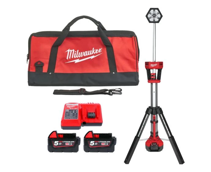 Milwaukee M18SAL-502B 18V M18 Trueview LED Stand Light With 2 x 5.0Ah Batteries, Charger & Bag