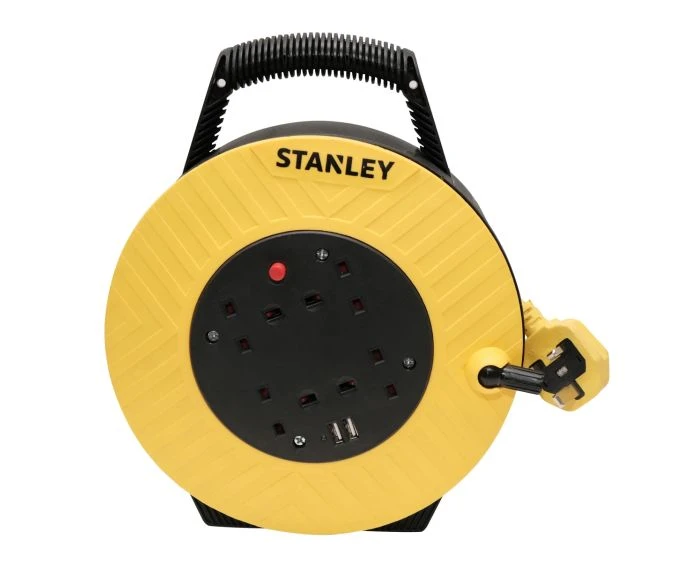 Stanley 240V 13A 4-Socket Semi-Enclosed 15m Cable Reel + 2 USB 