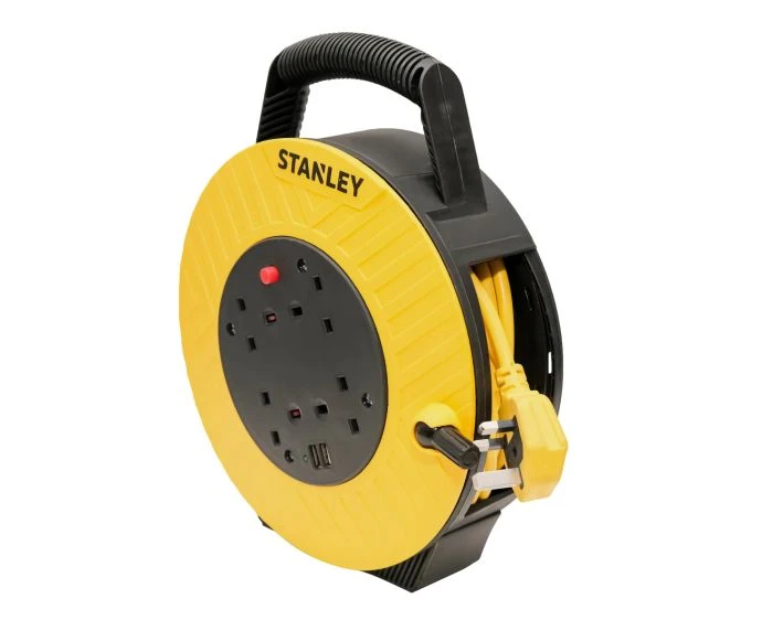 Stanley 240V 13A 4-Socket Semi-Enclosed 15m Cable Reel + 2 USB 