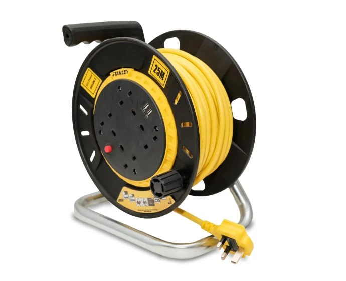 Stanley Open Drum Cable Reel 240V 13A 4-Socket with 2 USB 25m