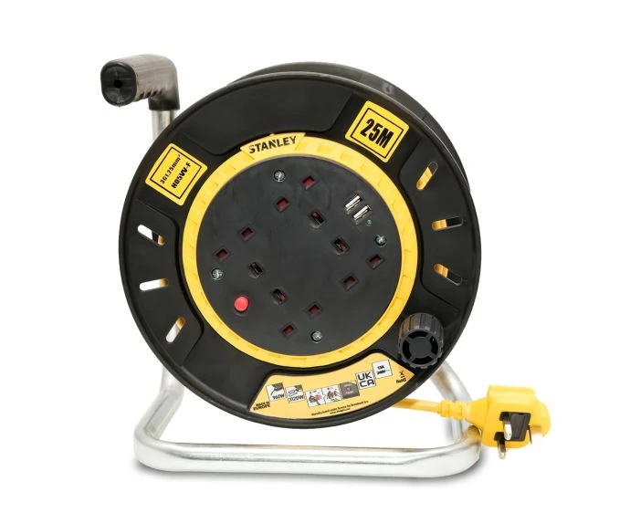 Stanley Open Drum Cable Reel 240V 13A 4-Socket with 2 USB 25m