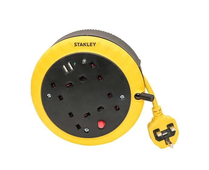 Stanley 5m Cable Reel 240V 13A 4-Socket with 2 USB
