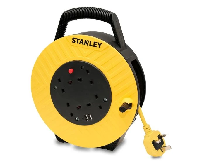 Stanley 240V 13A Semi-Enclosed 7.5m Cable Reel 4-Socket with 2 USB