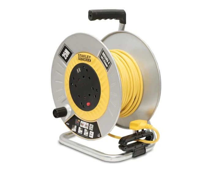 Stanley 240V 13A Open Metal Drum 25m Cable Reel 4-Socket with 2 USB 