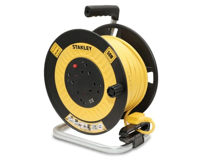 Stanley 240V 13A Open Drum 50m Cable Reel 4-Socket with 2 USB