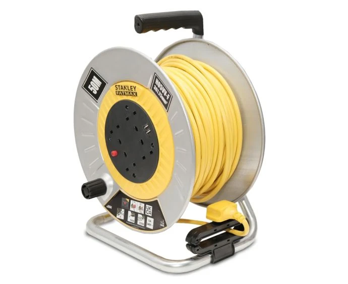Stanley SXECGM2OHXE 240V Open Metal Drum Cable Reel 13A 4-Socket With 2 USB 50M